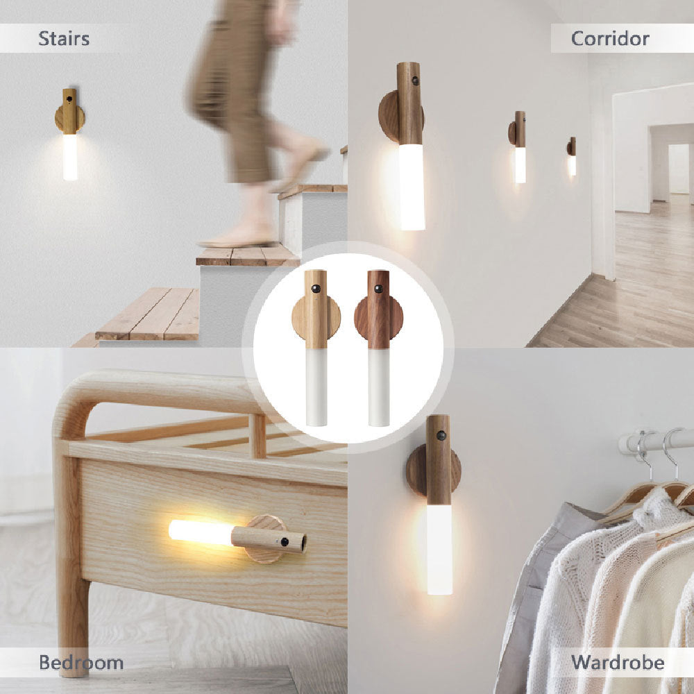 Rechargeable Motion Sensor Cabinet Light – USB Magnetic Wood LED Night Lamp