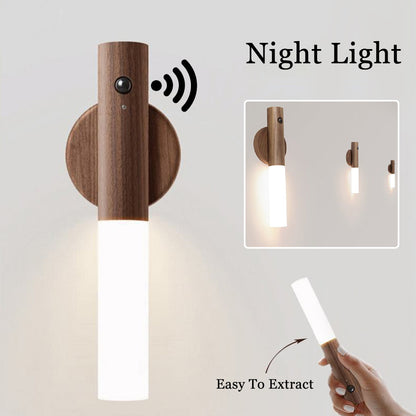 Rechargeable Motion Sensor Cabinet Light – USB Magnetic Wood LED Night Lamp