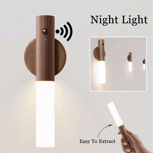 Rechargeable Motion Sensor Cabinet Light – USB Magnetic Wood LED Night Lamp